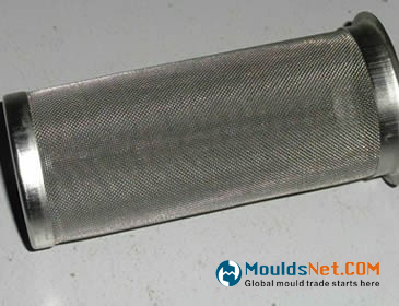 A stainless steel woven wire filter tube on the floor.