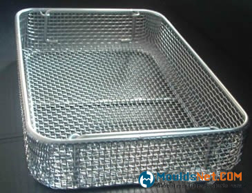 A stainless steel square opening woven wire disinfection basket in the black background.