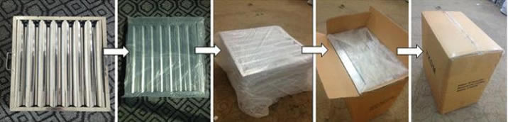 Baffle grease filters are wrapped in polybag, then they are put into the carton and closed by fixed belt