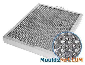 An aluminum ho<em></em>neycomb range hood filter with honeycomb-shaped channels and two handles