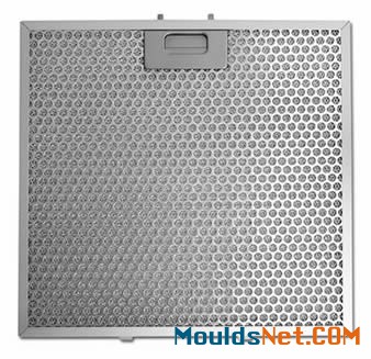 A stainless steel perforated grease filter has a single handle and perforated holes on the panel