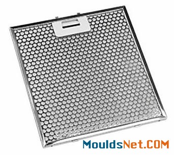 A stainless steel perforated grease filter with hexago<em></em>nal holes and one handle