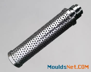 A stainless steel perforated candle filter on a perforated wire mesh.